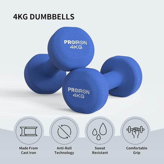 Dumbbells Anti-Slip Neoprene Dumbbell Soft-Touch Grip Hand Weights Home Gym Exercise Women Men Arm Pilates Dumbbells in 4Kg Pair