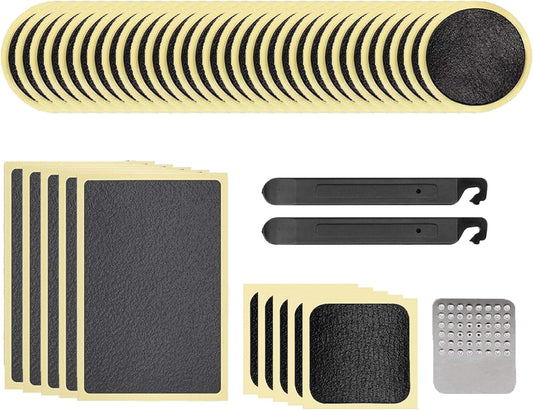 Self-Adhesive Bicycle Tire Repair Kit (40 Pieces) – Glueless Bike Tube Patches in Round, Square, and Rectangle Shape - Includes 2 Tire Levers, 1 Metal Rasp - by Mobi Lock