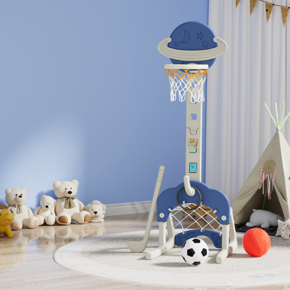 Keezi Kids Basketball Stand with Soccer Goals - Adjustable 6-in-1 Sports Center Toys Set Blue