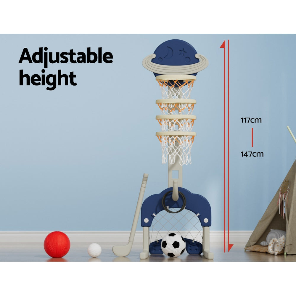 Keezi Kids Basketball Stand with Soccer Goals - Adjustable 6-in-1 Sports Center Toys Set Blue
