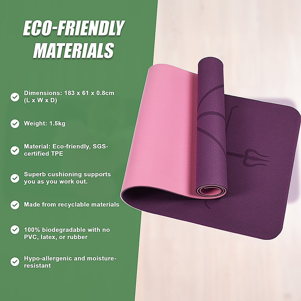 TPE 8mm Yoga Mat Exercise Fitness Gym Pilates Non Slip Dual Layer - Pink/Purple