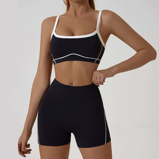 Black Sporty Yoga Set with Contrast Spaghetti Straps - Slim Fit Outdoor Fitness Wear
