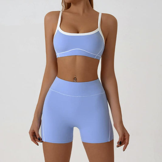 Blue Sporty Yoga Set with Contrast Spaghetti Straps - Slim Fit Outdoor Fitness Wear