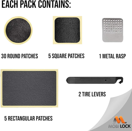 Self-Adhesive Bicycle Tire Repair Kit (40 Pieces) – Glueless Bike Tube Patches in Round, Square, and Rectangle Shape - Includes 2 Tire Levers, 1 Metal Rasp - by Mobi Lock