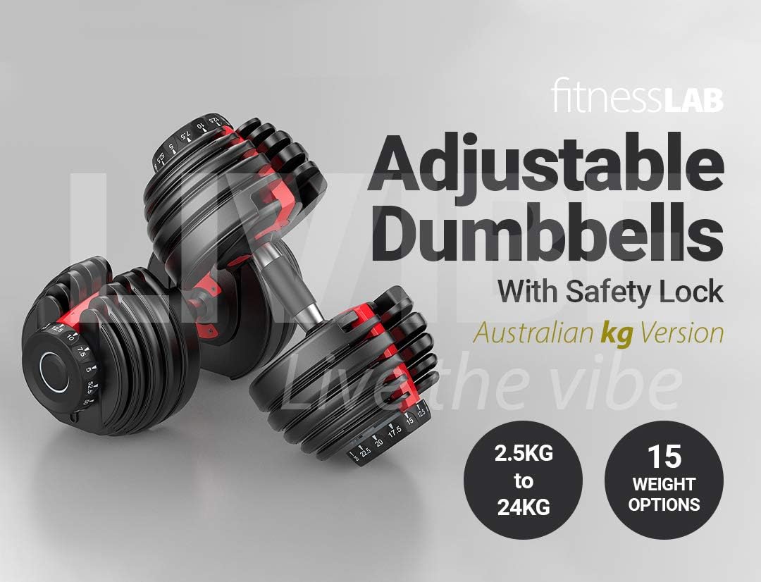 2X 24Kg Adjustable Dumbbell Set Gym Exercise Weights Chrome Textured Non-Slip & Easy-Grip Handles - Crossfit, MMA, Bodybuilding, Toning, Cardio Training and Fitness Dumbell