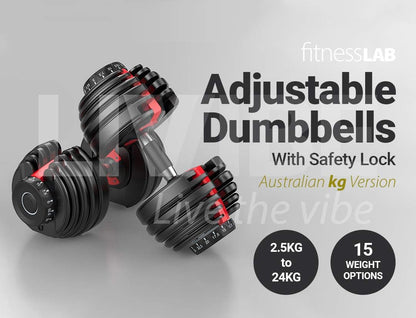 2X 24Kg Adjustable Dumbbell Set Gym Exercise Weights Chrome Textured Non-Slip & Easy-Grip Handles - Crossfit, MMA, Bodybuilding, Toning, Cardio Training and Fitness Dumbell