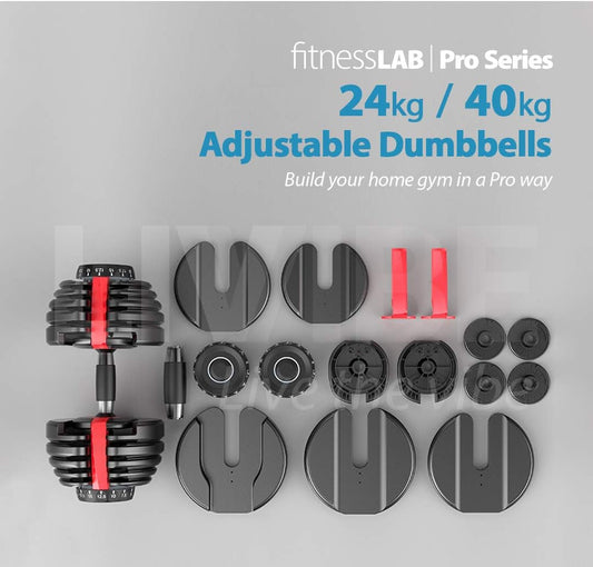 2X 24Kg Adjustable Dumbbell Set Gym Exercise Weights Chrome Textured Non-Slip & Easy-Grip Handles - Crossfit, MMA, Bodybuilding, Toning, Cardio Training and Fitness Dumbell