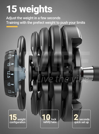2X 24Kg Adjustable Dumbbell Set Gym Exercise Weights Chrome Textured Non-Slip & Easy-Grip Handles - Crossfit, MMA, Bodybuilding, Toning, Cardio Training and Fitness Dumbell
