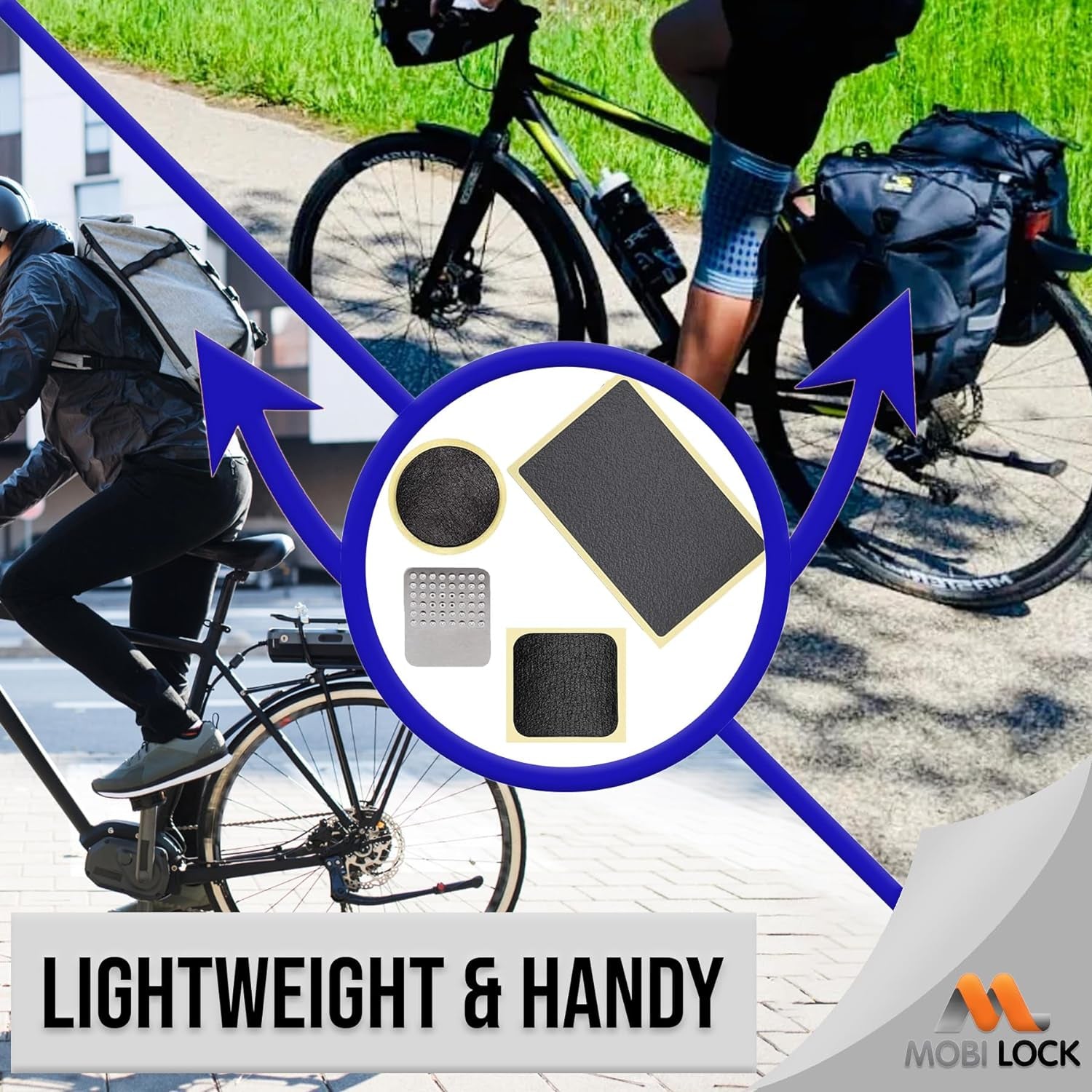 Self-Adhesive Bicycle Tire Repair Kit (40 Pieces) – Glueless Bike Tube Patches in Round, Square, and Rectangle Shape - Includes 2 Tire Levers, 1 Metal Rasp - by Mobi Lock