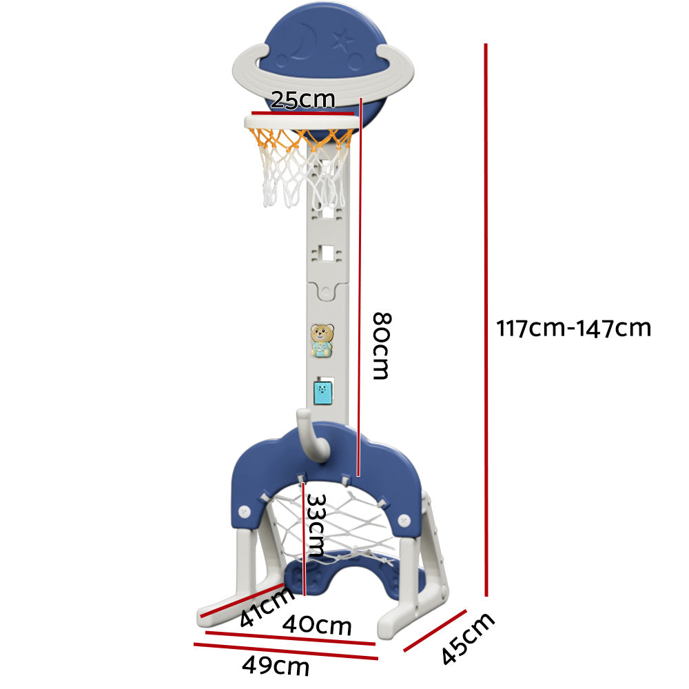 Keezi Kids Basketball Stand with Soccer Goals - Adjustable 6-in-1 Sports Center Toys Set Blue