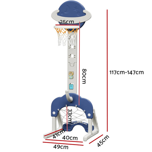 Keezi Kids Basketball Stand with Soccer Goals - Adjustable 6-in-1 Sports Center Toys Set Blue