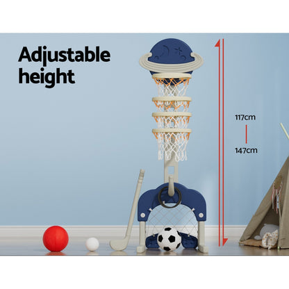 Keezi Kids Basketball Stand with Soccer Goals - Adjustable 6-in-1 Sports Center Toys Set Blue