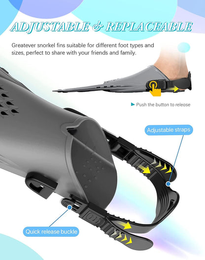 Gray Adjustable Open Heel Snorkel Fins, Travel-Size Short Swim Flippers for Snorkeling, Diving & Swimming, Adult Men & Women（S/M）