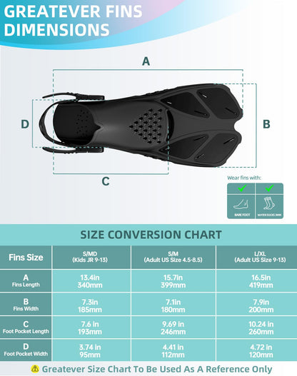 Gray Adjustable Open Heel Snorkel Fins, Travel-Size Short Swim Flippers for Snorkeling, Diving & Swimming, Adult Men & Women（S/M）