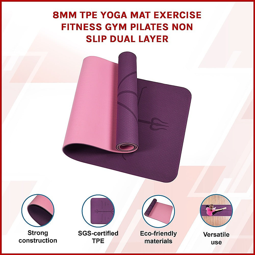 TPE 8mm Yoga Mat Exercise Fitness Gym Pilates Non Slip Dual Layer - Pink/Purple