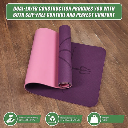 TPE 8mm Yoga Mat Exercise Fitness Gym Pilates Non Slip Dual Layer - Pink/Purple