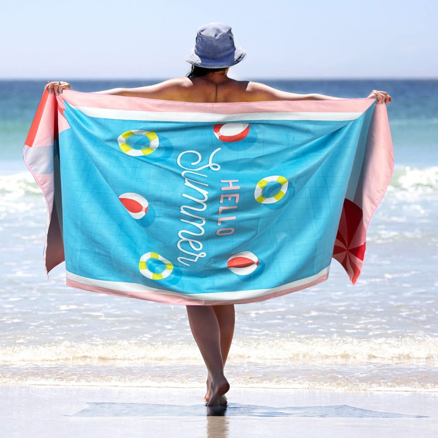 Sand Free Microfibre Beach Towel - Pink Flamingo "Summer" Print Quick Dry Travel Towel 80x160cm - Lightweight Absorbent Bath Sheet for Pool & Holiday