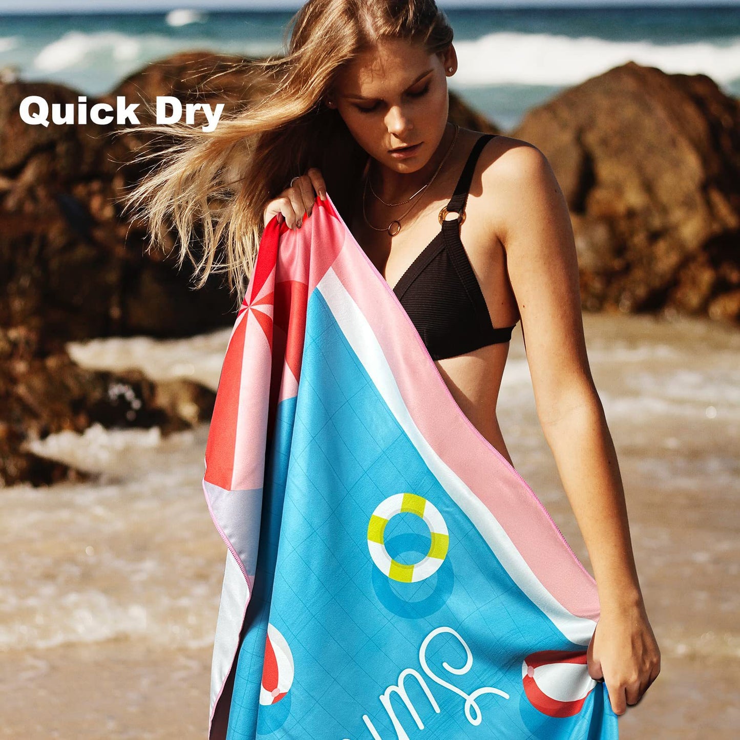 Sand Free Microfibre Beach Towel - Pink Flamingo "Summer" Print Quick Dry Travel Towel 80x160cm - Lightweight Absorbent Bath Sheet for Pool & Holiday